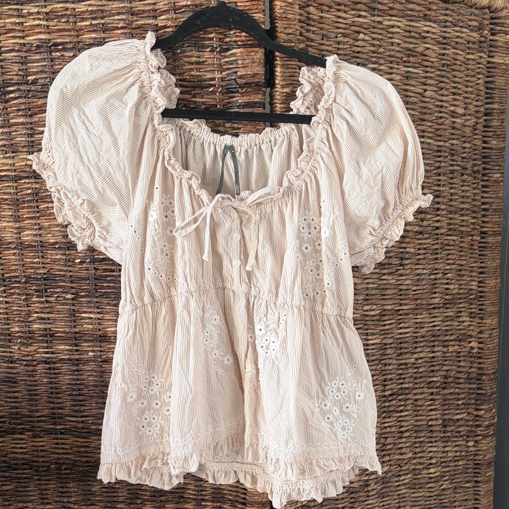 New Anthropologie Blush Eyelet Peasant Blouse with Tie Neck